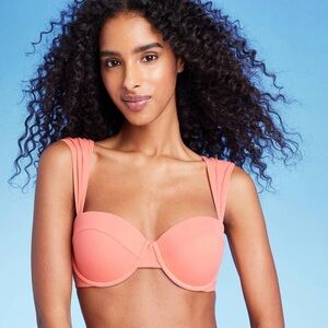 Shade & Shore Peach Bikini Top Romantic Sleeves Size 34D